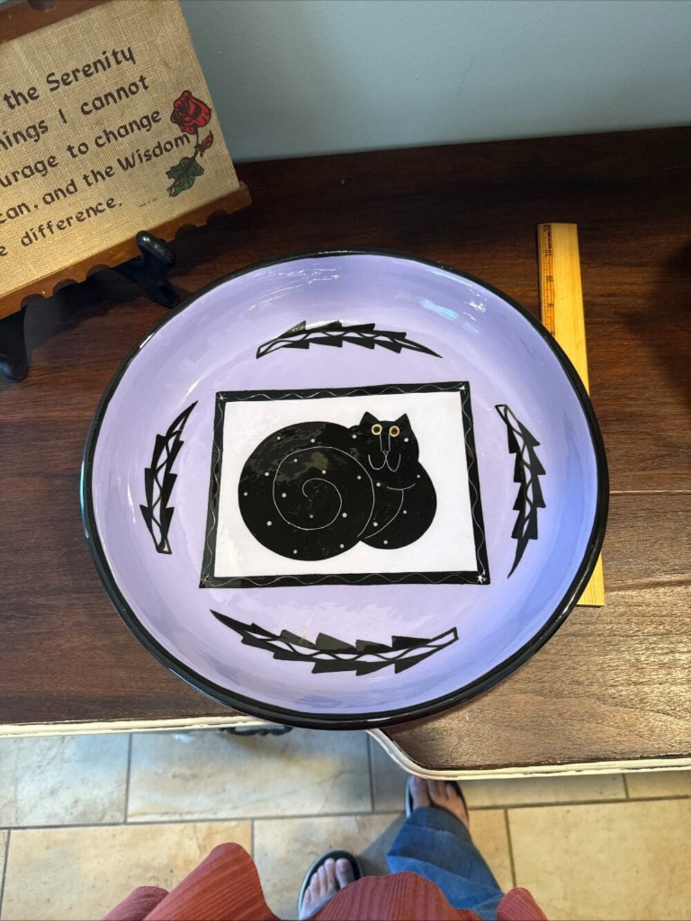 Alison Palmer Studio Pottery Polka Dot Purple and Black Cat art deco bowl
